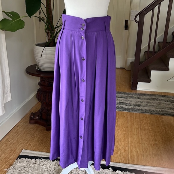 Vintage High Waisted Button Front Pleated A-Line Skirt Eggplant Purple - Picture 13 of 15